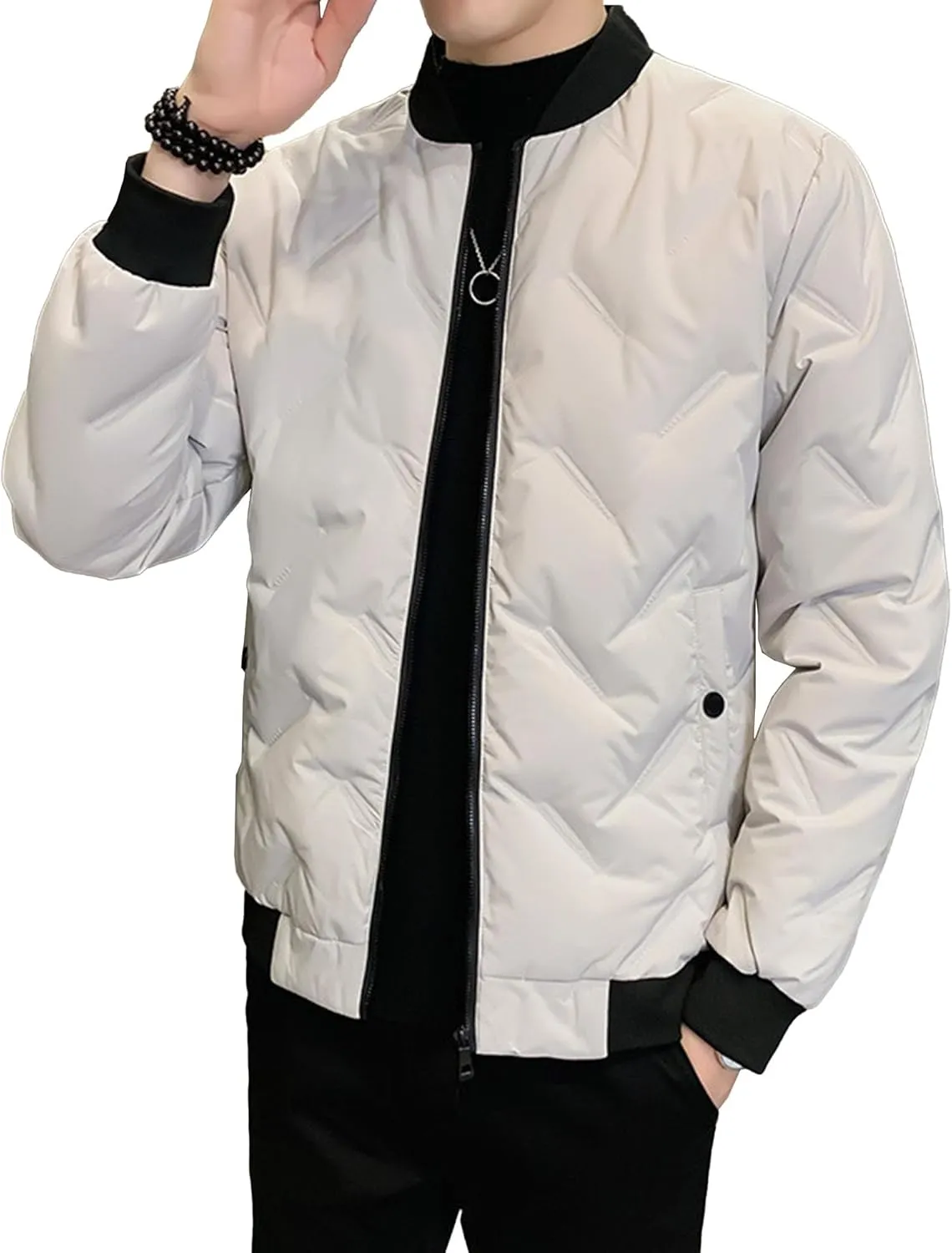 Men's Windproof Warm Padded Coat Cotton Diamond Quilted Jacket Flight Bomber Lightweight Varsity Jackets