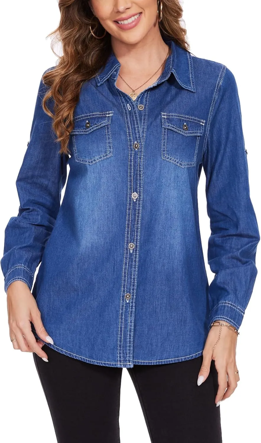 MISS MOLY Women Casual Button Down Long Sleeve Roll Up Oversized Boyfriend Distressed Denim Shirts