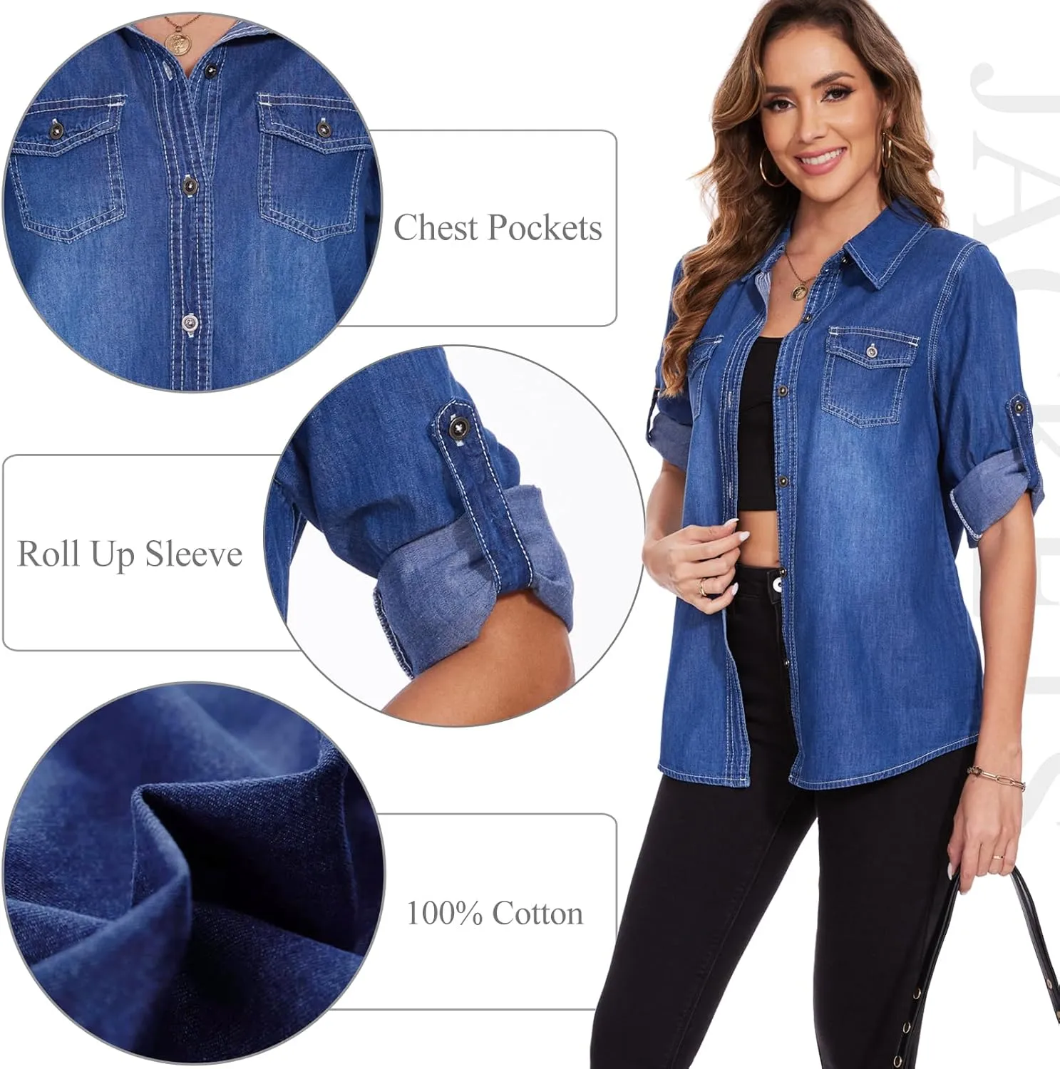 MISS MOLY Women Casual Button Down Long Sleeve Roll Up Oversized Boyfriend Distressed Denim Shirts