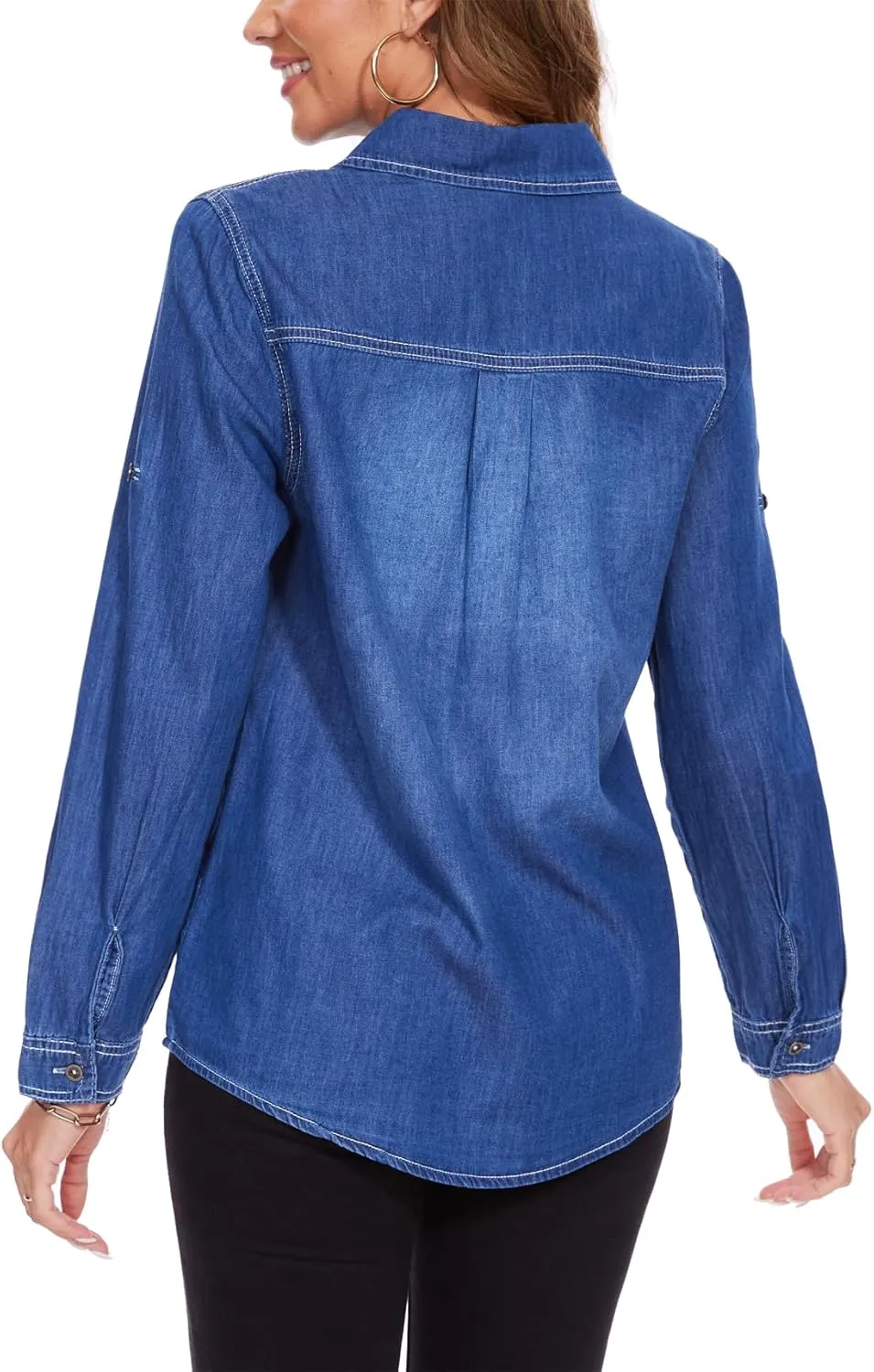 MISS MOLY Women Casual Button Down Long Sleeve Roll Up Oversized Boyfriend Distressed Denim Shirts