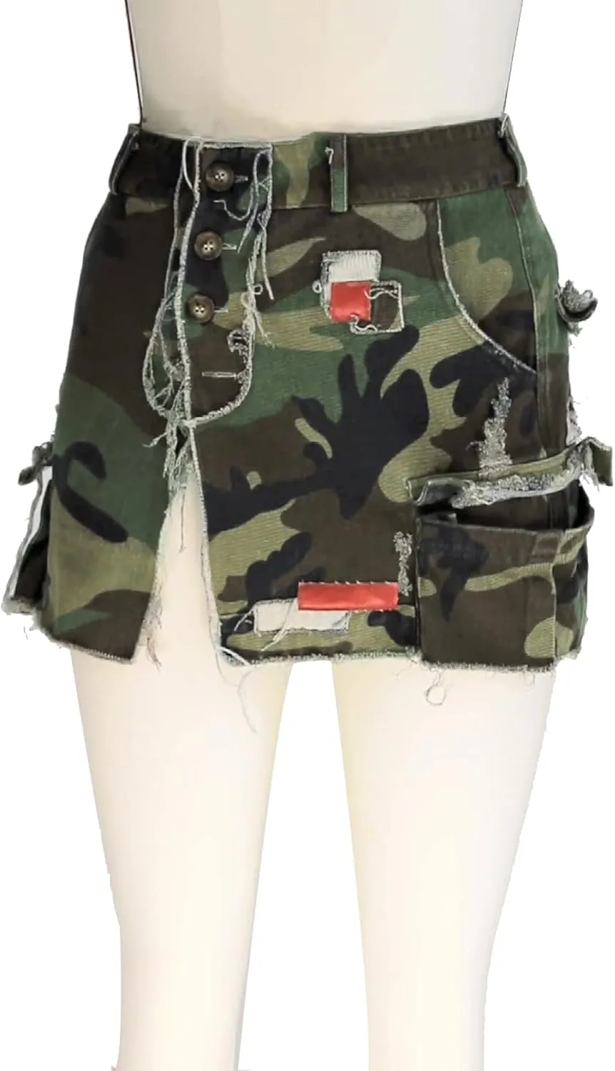 Molisry Women's Camo Cargo Mini Skirt Y2k High Split Camouflage Army Fatigue Short Skirt