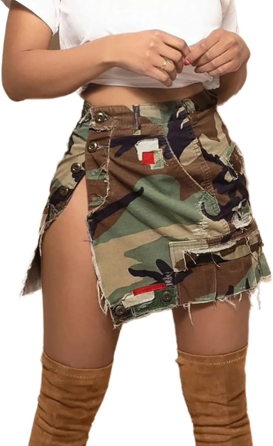 Molisry Women's Camo Cargo Mini Skirt Y2k High Split Camouflage Army Fatigue Short Skirt
