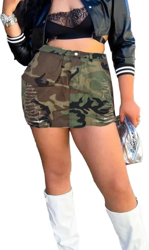 Molisry Women's Camo Cargo Skirt Sexy Camouflage High Waisted Army Fatigue Frayed Mini Tennis Skirt 2025