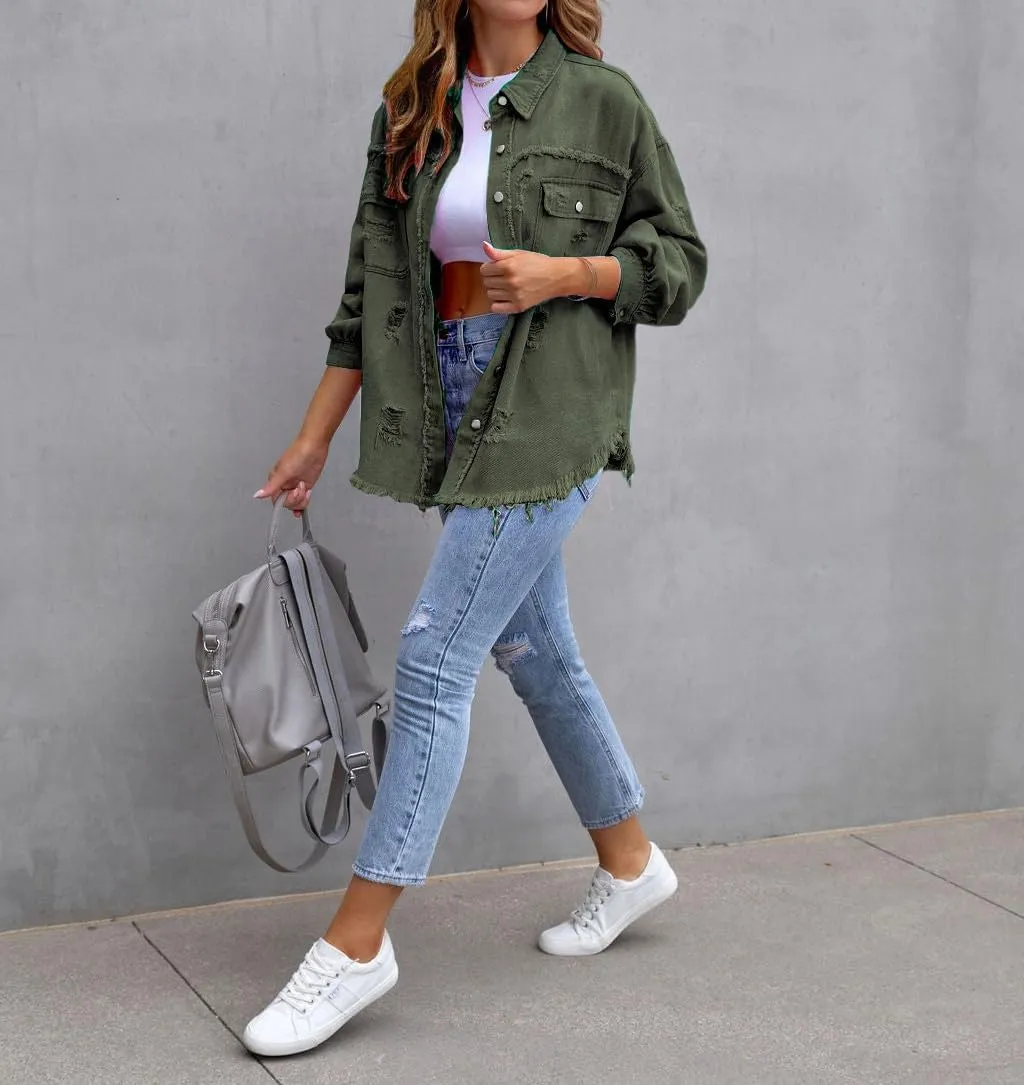 Oversized Denim Jackets For Women Trendy,Casual Long Boyfriend Distresse Shacket Jean Jacket Fall Western Biker Coat