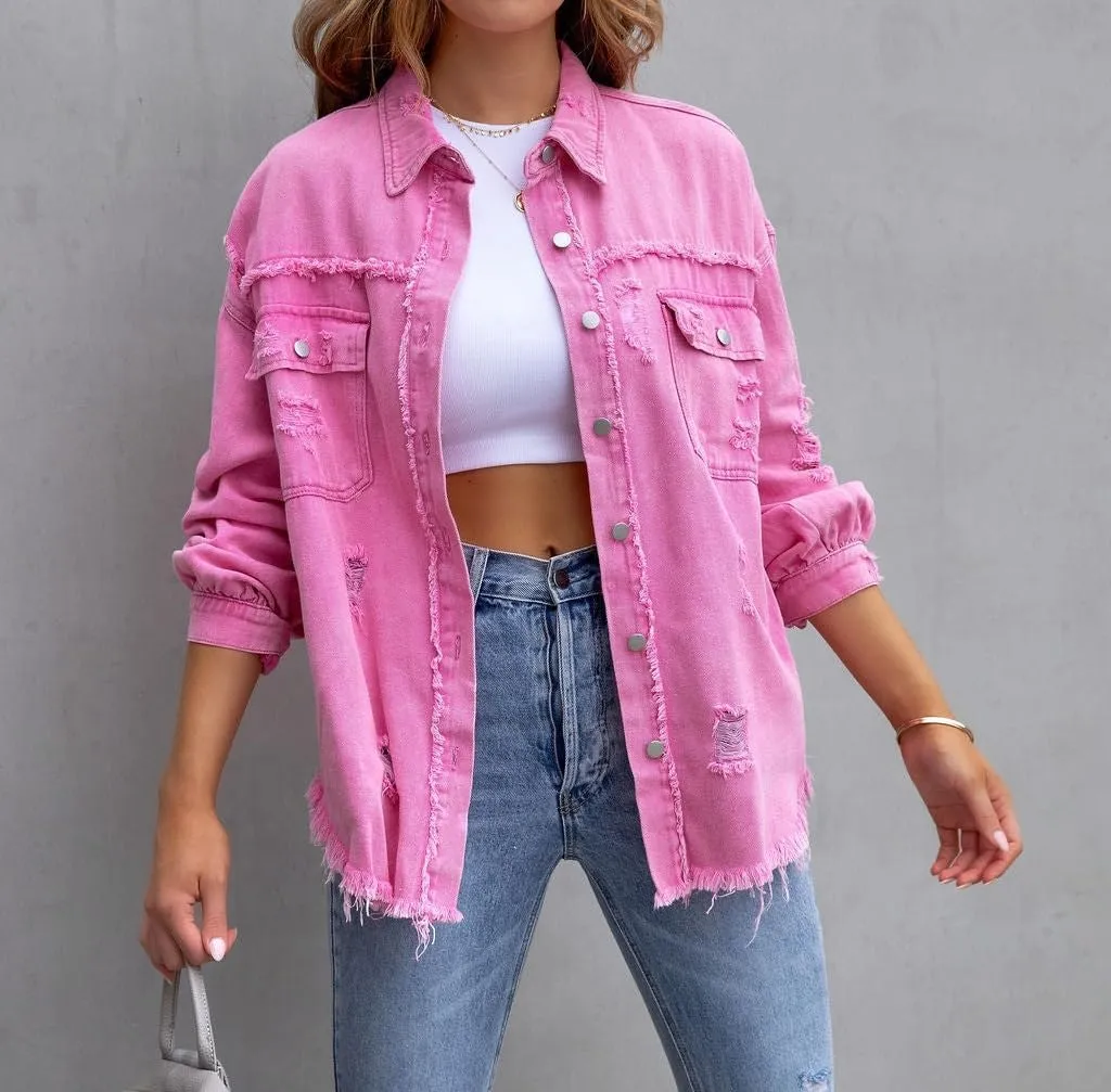 Oversized Denim Jackets For Women Trendy,Casual Long Boyfriend Distresse Shacket Jean Jacket Fall Western Biker Coat