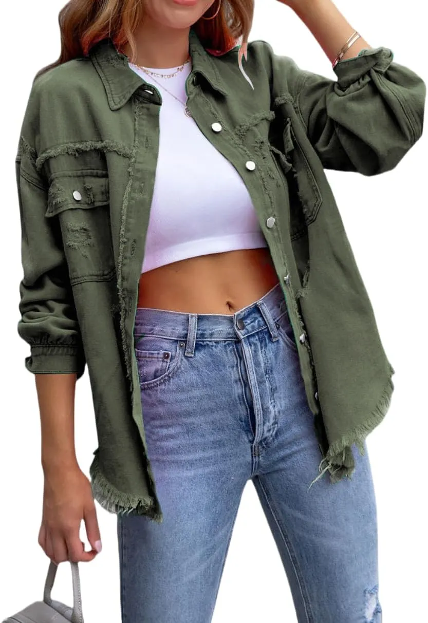Oversized Denim Jackets For Women Trendy,Casual Long Boyfriend Distresse Shacket Jean Jacket Fall Western Biker Coat