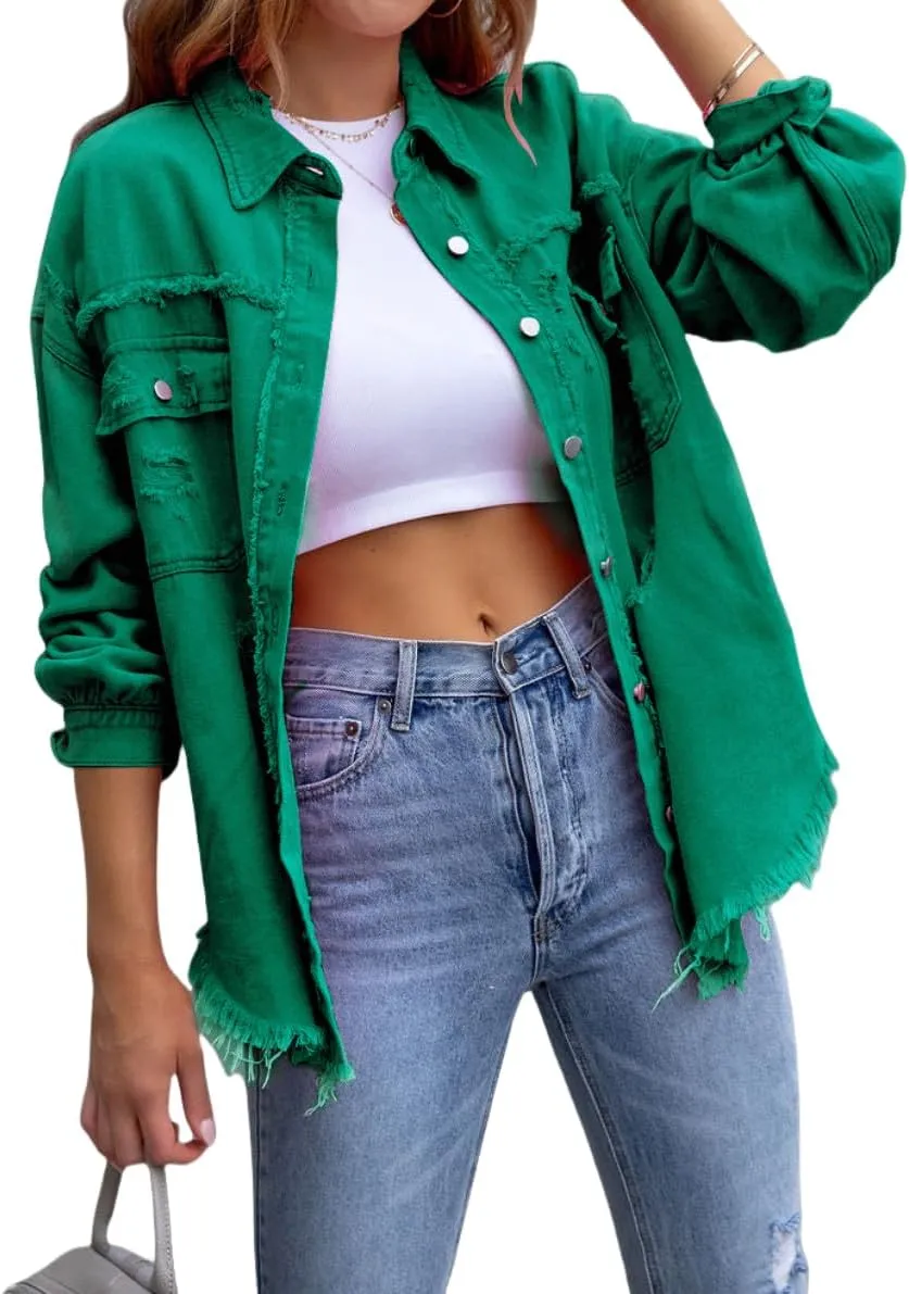 Oversized Denim Jackets For Women Trendy,Casual Long Boyfriend Distresse Shacket Jean Jacket Fall Western Biker Coat