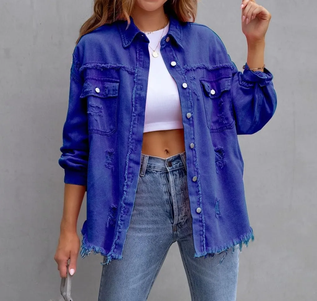 Oversized Denim Jackets For Women Trendy,Casual Long Boyfriend Distresse Shacket Jean Jacket Fall Western Biker Coat