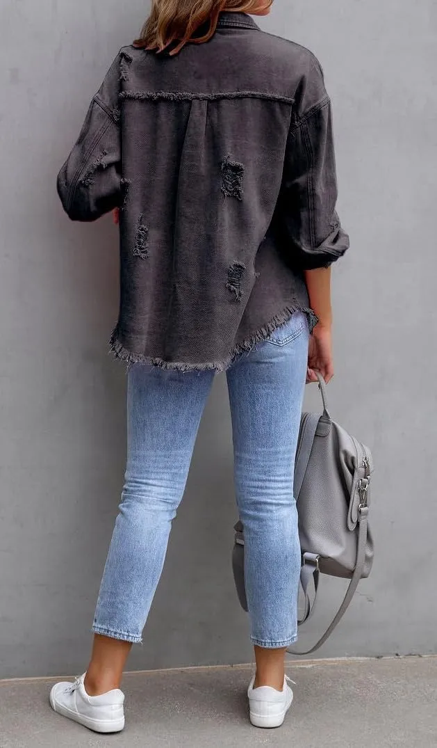 Oversized Denim Jackets For Women Trendy,Casual Long Boyfriend Distresse Shacket Jean Jacket Fall Western Biker Coat