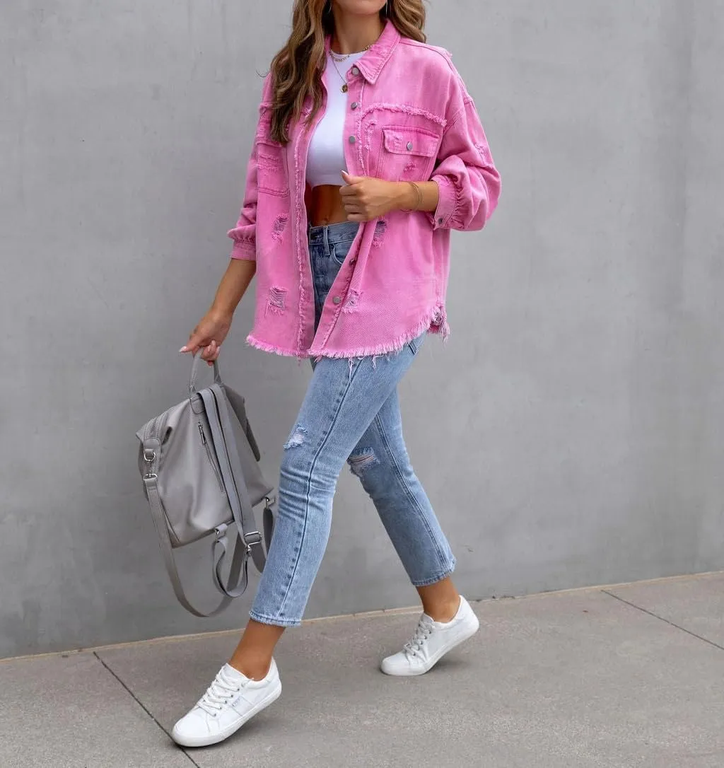 Oversized Denim Jackets For Women Trendy,Casual Long Boyfriend Distresse Shacket Jean Jacket Fall Western Biker Coat