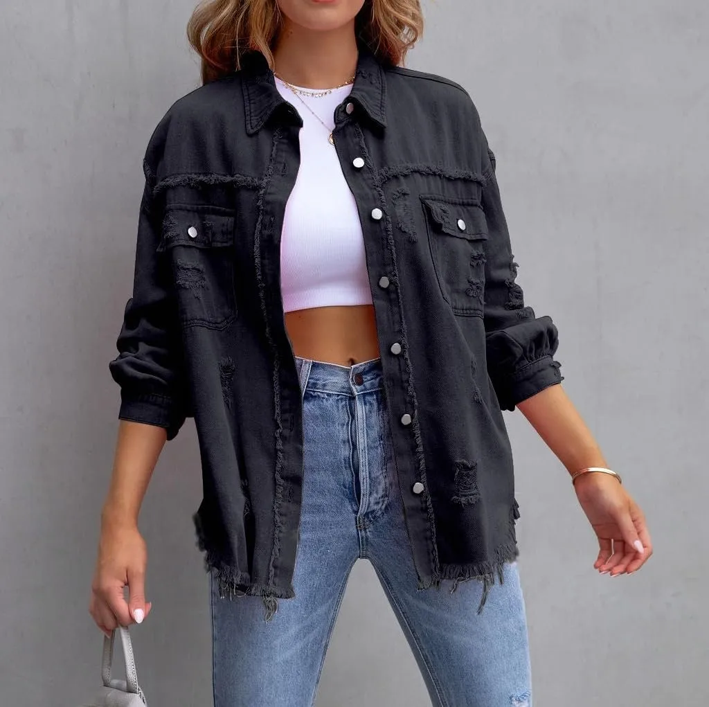 Oversized Denim Jackets For Women Trendy,Casual Long Boyfriend Distresse Shacket Jean Jacket Fall Western Biker Coat
