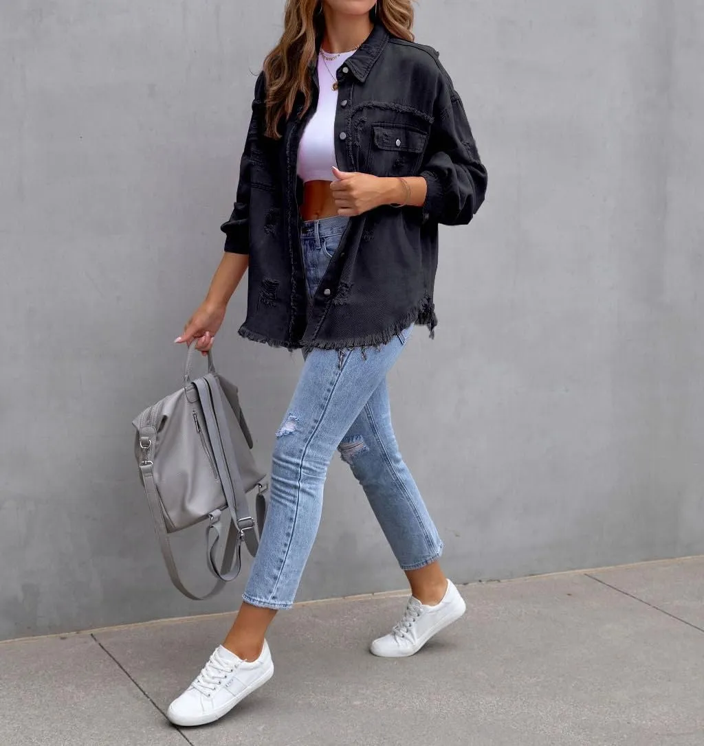 Oversized Denim Jackets For Women Trendy,Casual Long Boyfriend Distresse Shacket Jean Jacket Fall Western Biker Coat