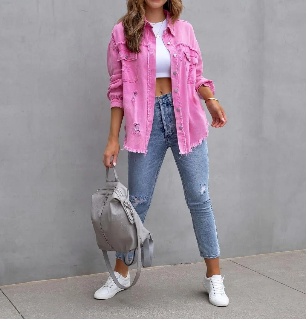 Oversized Denim Jackets For Women Trendy,Casual Long Boyfriend Distresse Shacket Jean Jacket Fall Western Biker Coat