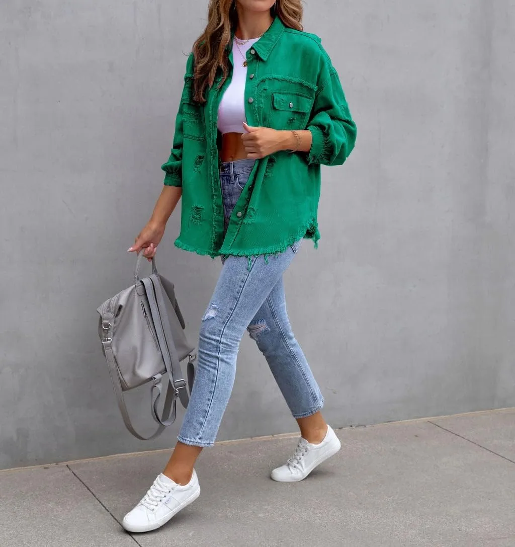Oversized Denim Jackets For Women Trendy,Casual Long Boyfriend Distresse Shacket Jean Jacket Fall Western Biker Coat