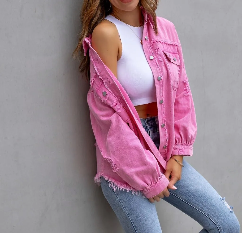 Oversized Denim Jackets For Women Trendy,Casual Long Boyfriend Distresse Shacket Jean Jacket Fall Western Biker Coat