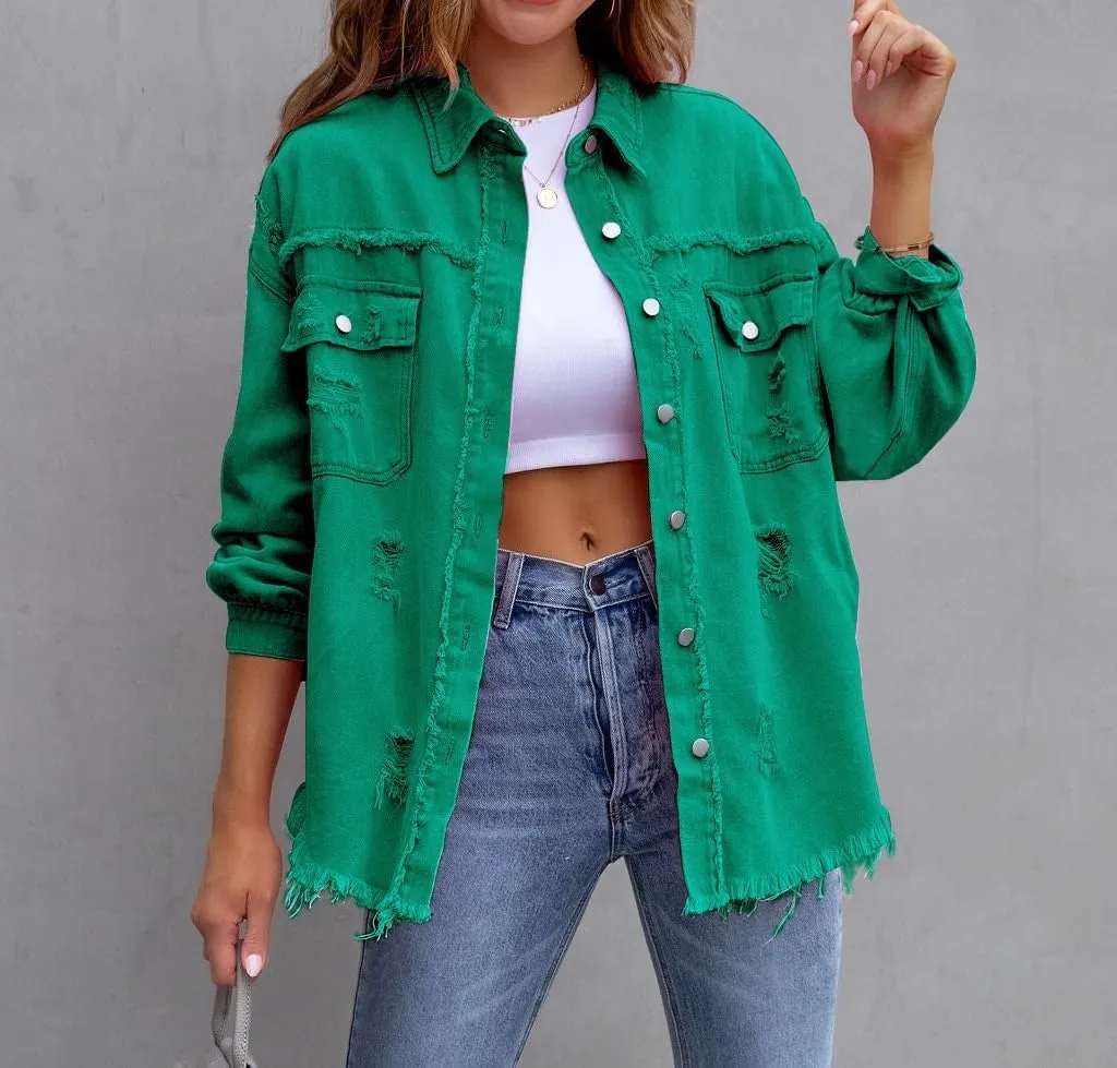 Oversized Denim Jackets For Women Trendy,Casual Long Boyfriend Distresse Shacket Jean Jacket Fall Western Biker Coat