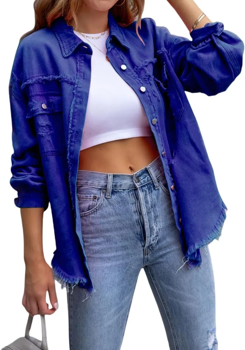 Oversized Denim Jackets For Women Trendy,Casual Long Boyfriend Distresse Shacket Jean Jacket Fall Western Biker Coat