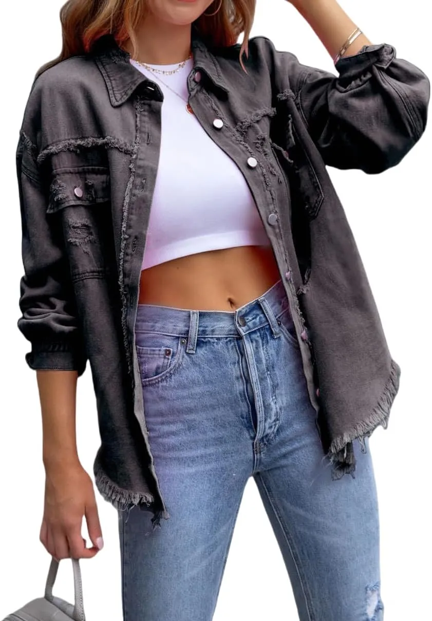 Oversized Denim Jackets For Women Trendy,Casual Long Boyfriend Distresse Shacket Jean Jacket Fall Western Biker Coat
