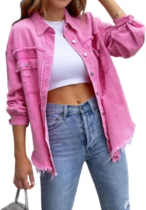 Oversized Denim Jackets For Women Trendy,Casual Long Boyfriend Distresse Shacket Jean Jacket Fall Western Biker Coat