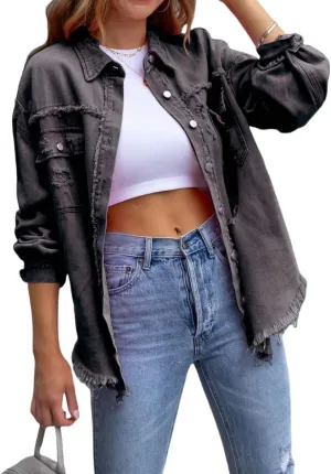 Oversized Denim Jackets For Women Trendy,Casual Long Boyfriend Distresse Shacket Jean Jacket Fall Western Biker Coat