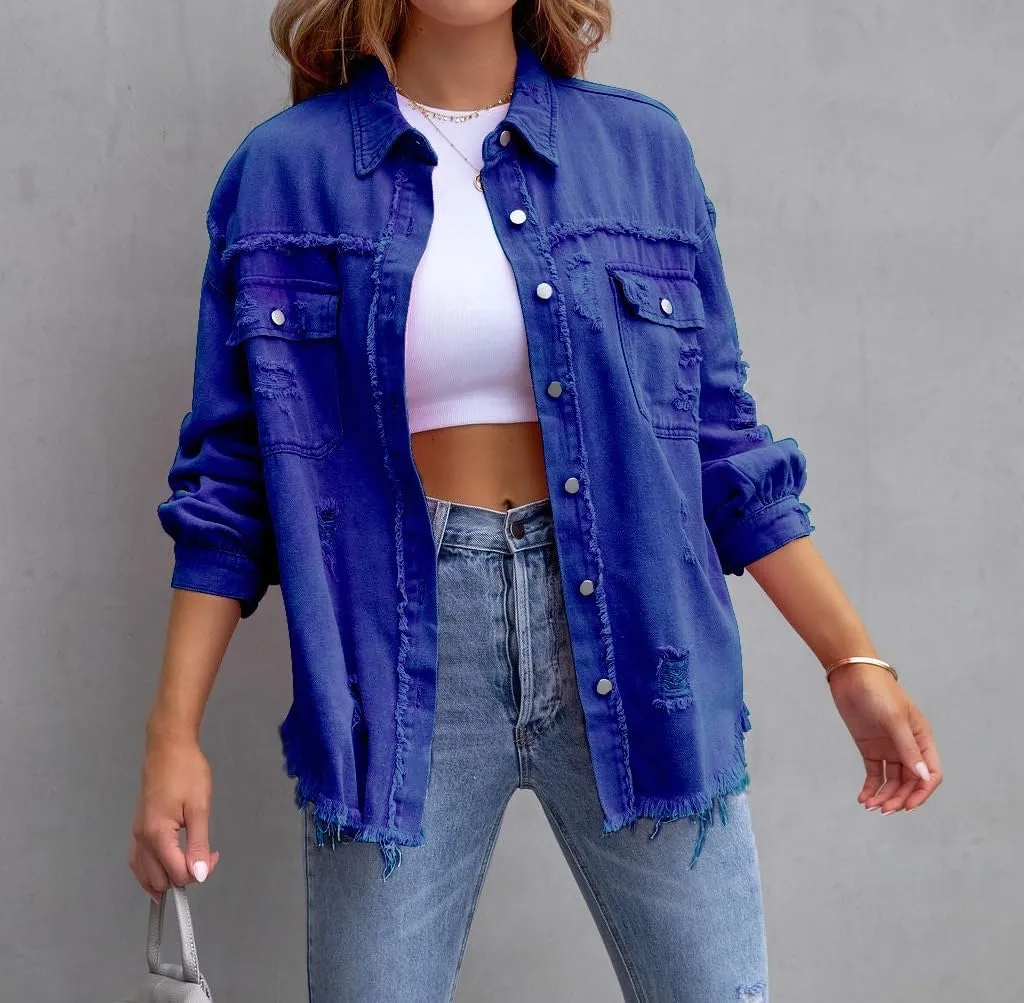 Oversized Denim Jackets For Women Trendy,Casual Long Boyfriend Distresse Shacket Jean Jacket Fall Western Biker Coat