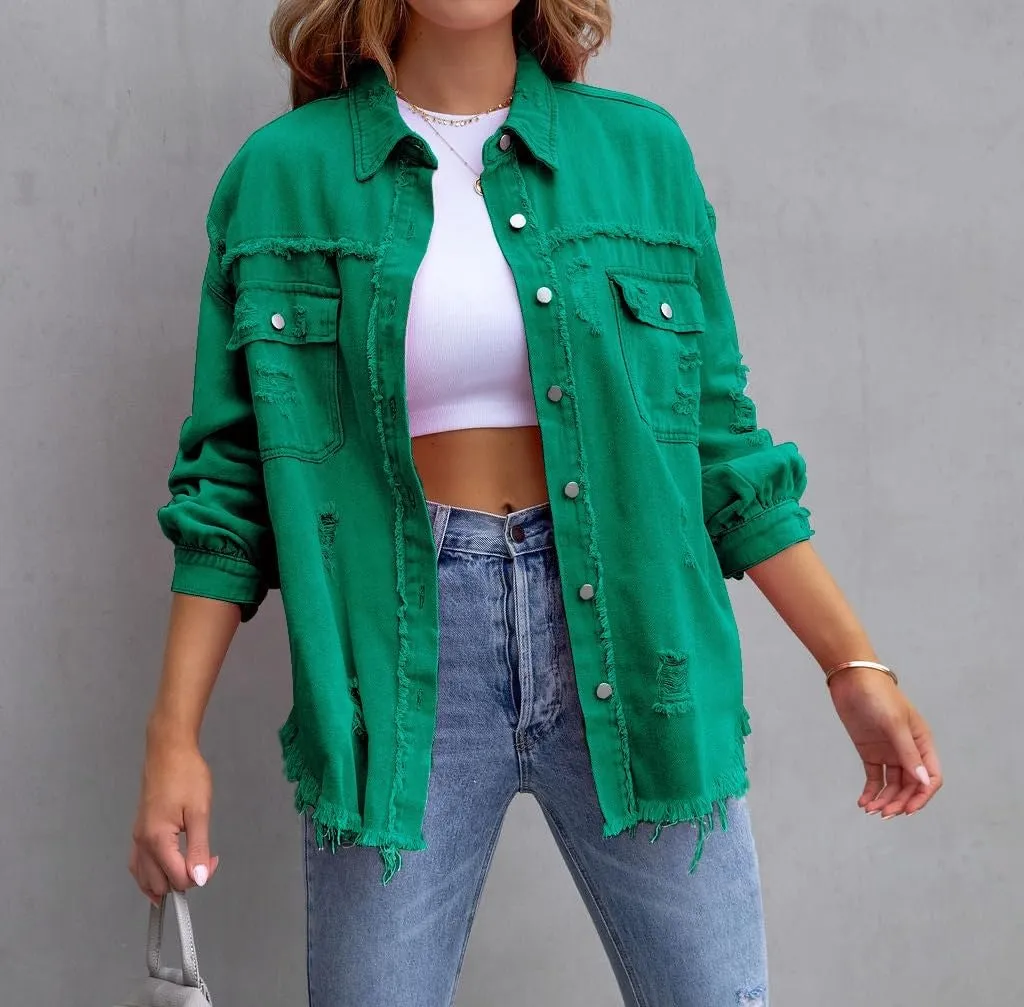 Oversized Denim Jackets For Women Trendy,Casual Long Boyfriend Distresse Shacket Jean Jacket Fall Western Biker Coat
