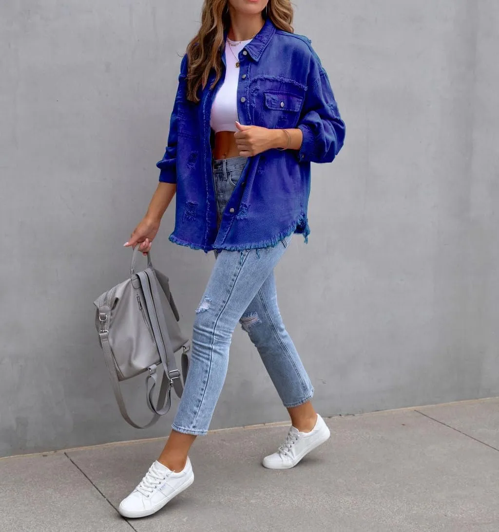 Oversized Denim Jackets For Women Trendy,Casual Long Boyfriend Distresse Shacket Jean Jacket Fall Western Biker Coat