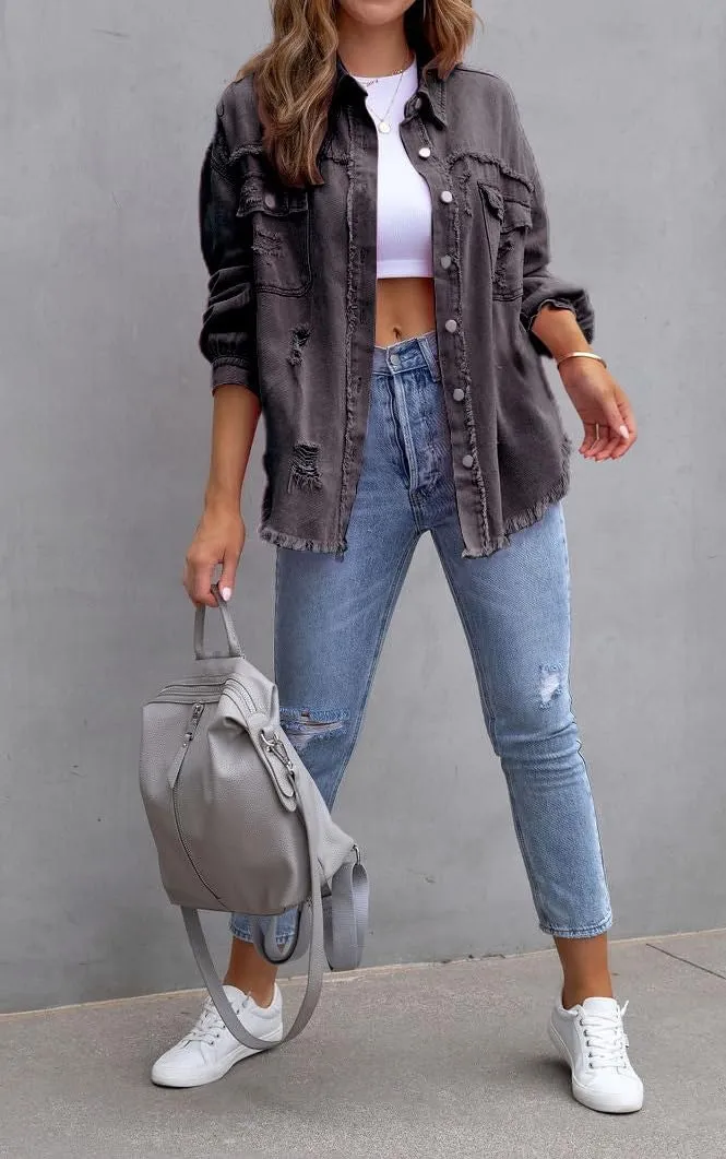 Oversized Denim Jackets For Women Trendy,Casual Long Boyfriend Distresse Shacket Jean Jacket Fall Western Biker Coat