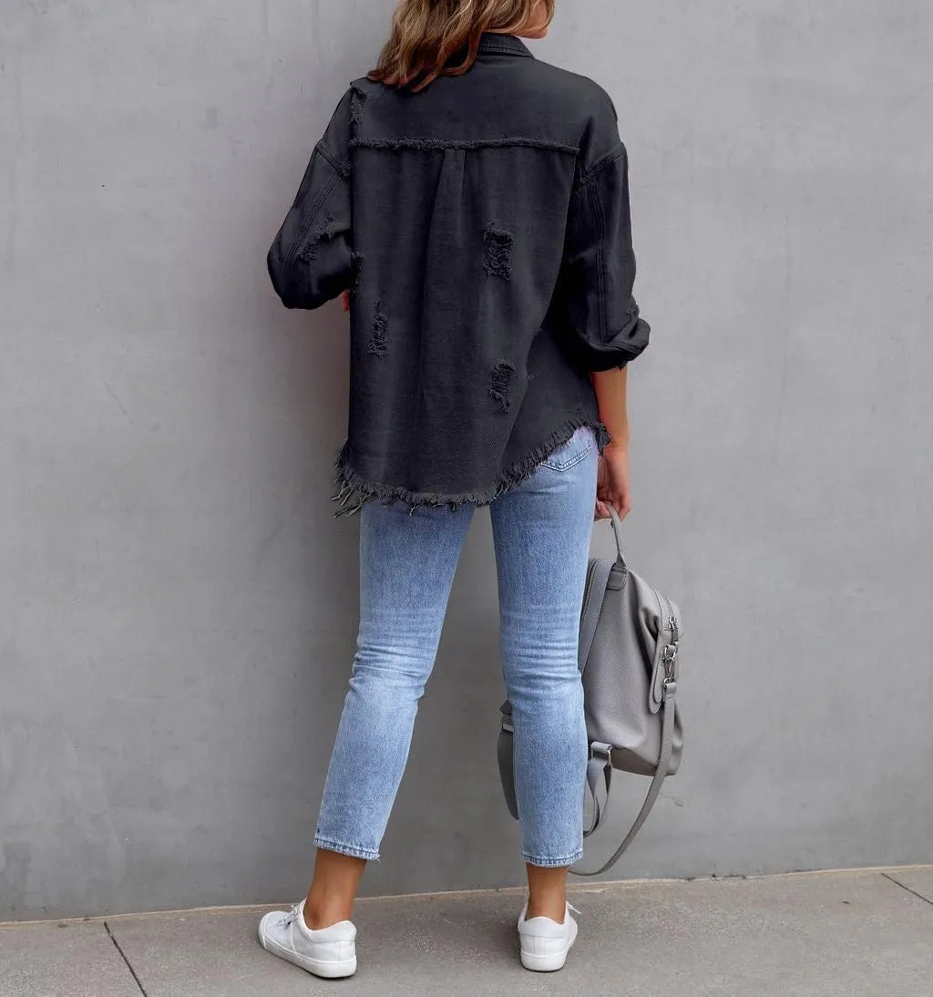 Oversized Denim Jackets For Women Trendy,Casual Long Boyfriend Distresse Shacket Jean Jacket Fall Western Biker Coat