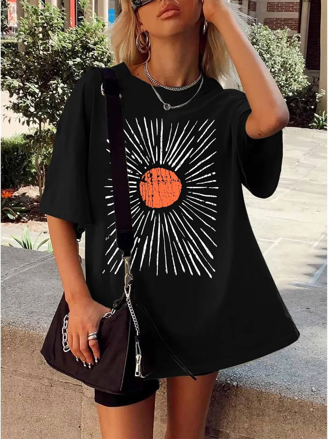 Oversized Sunshine Shirt Womens Sun Graphic Tees Vintage Boho Band T Shirts Aesthetic Hiking Shirts Casual Tops