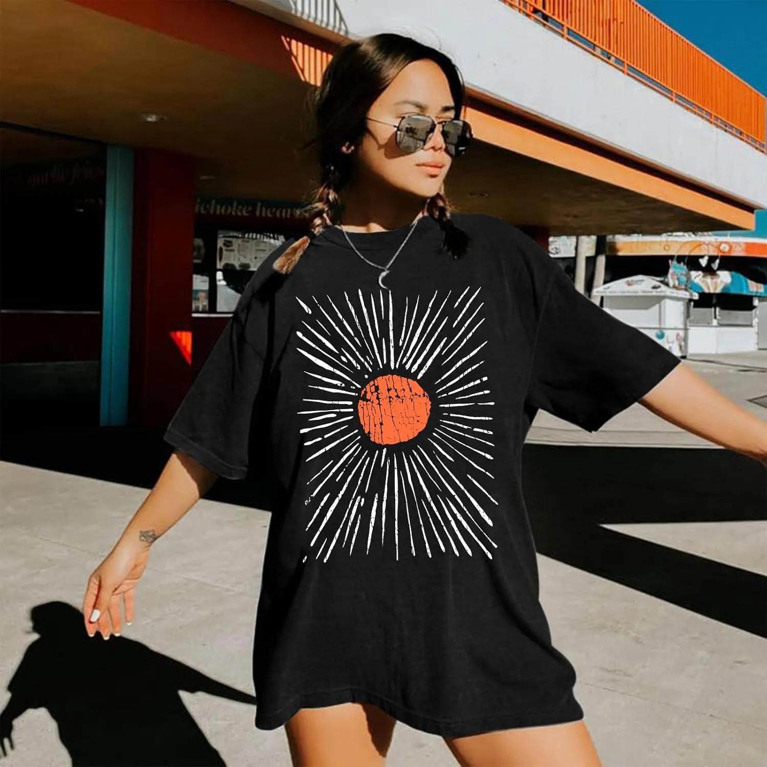 Oversized Sunshine Shirt Womens Sun Graphic Tees Vintage Boho Band T Shirts Aesthetic Hiking Shirts Casual Tops