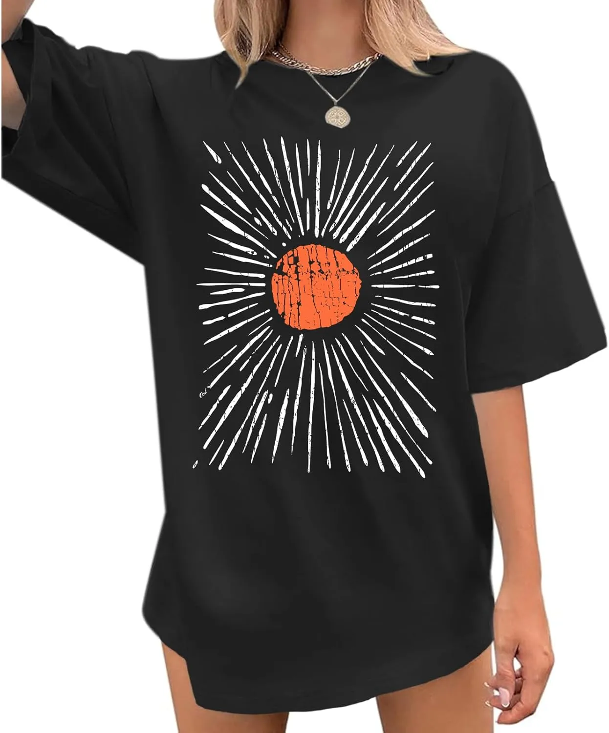 Oversized Sunshine Shirt Womens Sun Graphic Tees Vintage Boho Band T Shirts Aesthetic Hiking Shirts Casual Tops