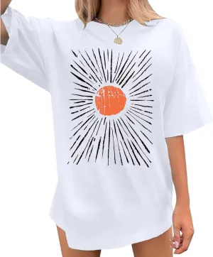 Oversized Sunshine Shirt Womens Sun Graphic Tees Vintage Boho Band T Shirts Aesthetic Hiking Shirts Casual Tops
