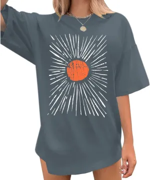 Oversized Sunshine Shirt Womens Sun Graphic Tees Vintage Boho Band T Shirts Aesthetic Hiking Shirts Casual Tops