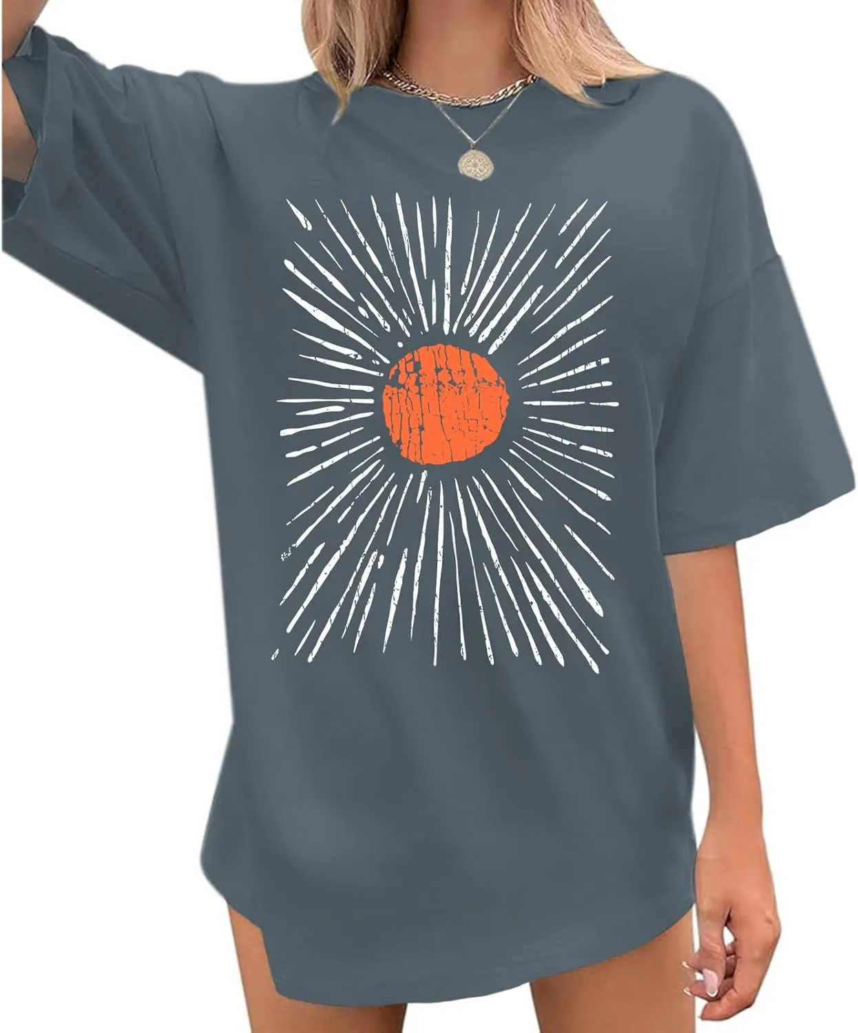 Oversized Sunshine Shirt Womens Sun Graphic Tees Vintage Boho Band T Shirts Aesthetic Hiking Shirts Casual Tops(Dark Grey,S)