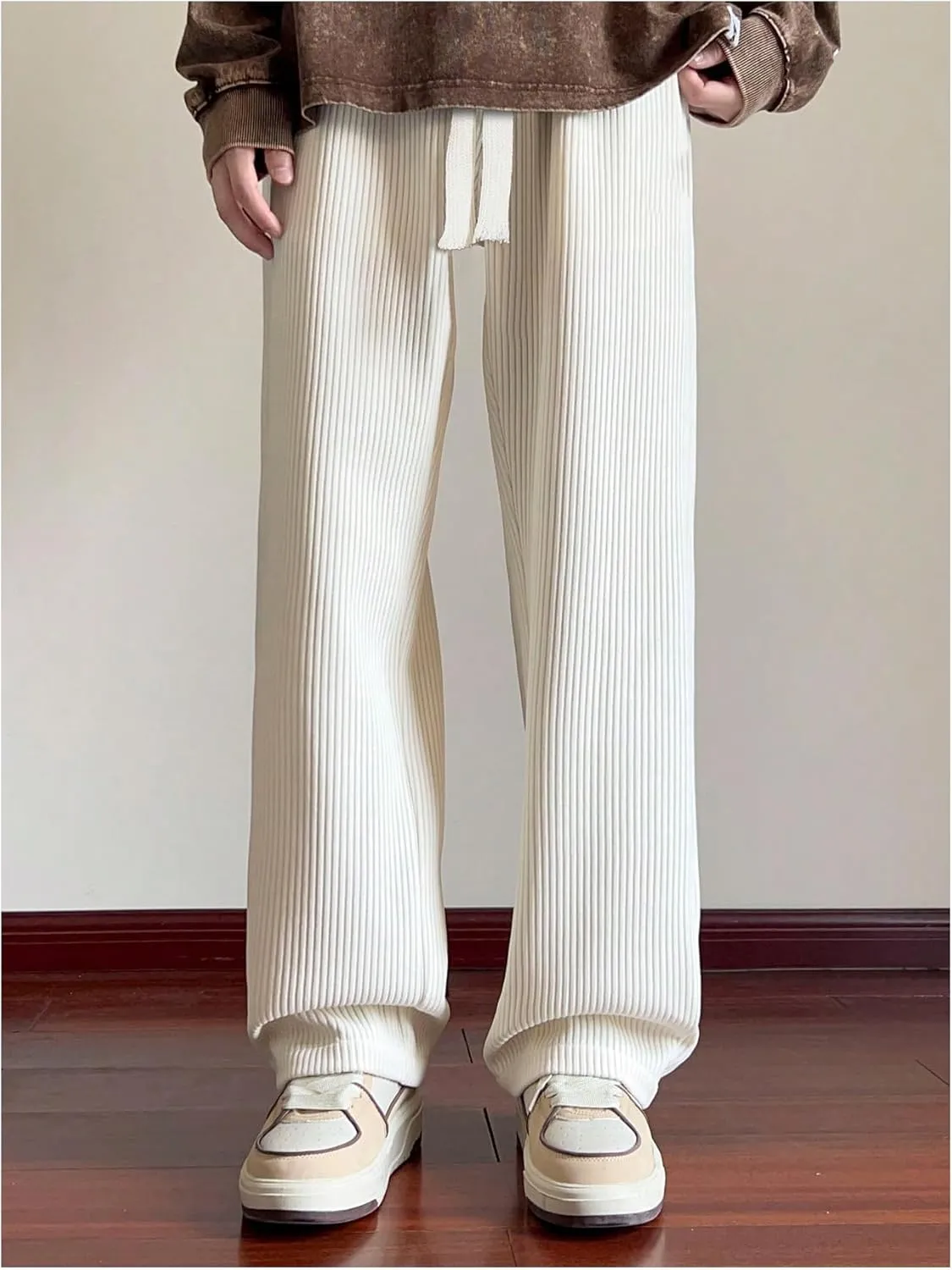 OYOANGLE Men's Drawstring Corduroy Pants Straight Leg Casual Long Trousers with Pockets