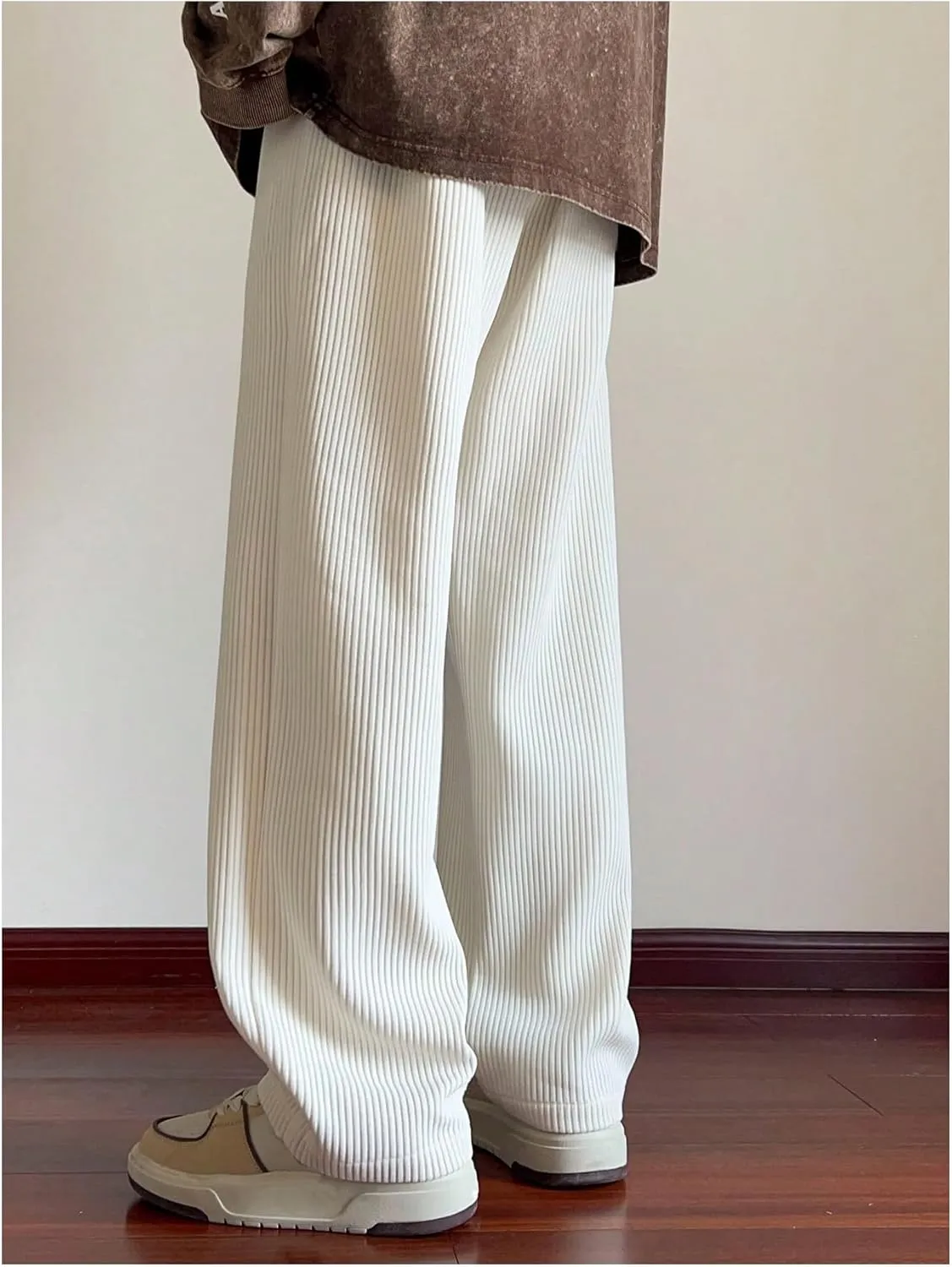 OYOANGLE Men's Drawstring Corduroy Pants Straight Leg Casual Long Trousers with Pockets