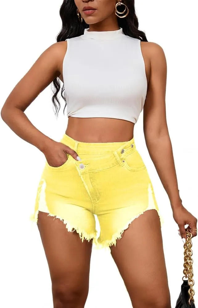 PINSV Women's High Waisted Crossover Denim Shorts