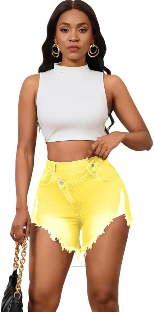 PINSV Women's High Waisted Crossover Denim Shorts