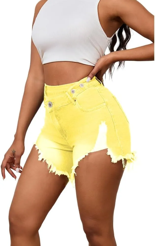 PINSV Women's High Waisted Crossover Denim Shorts