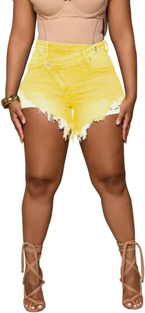 PINSV Women's High Waisted Crossover Denim Shorts