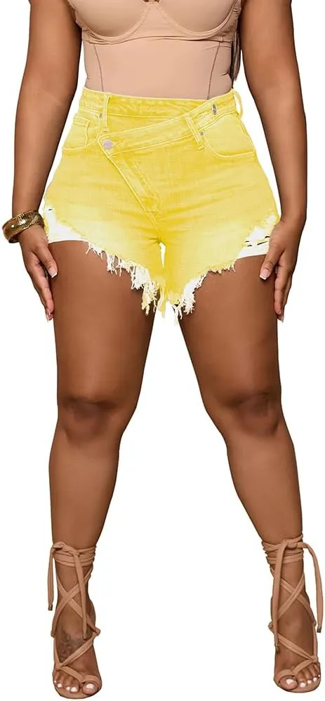 PINSV Women's High Waisted Crossover Denim Shorts