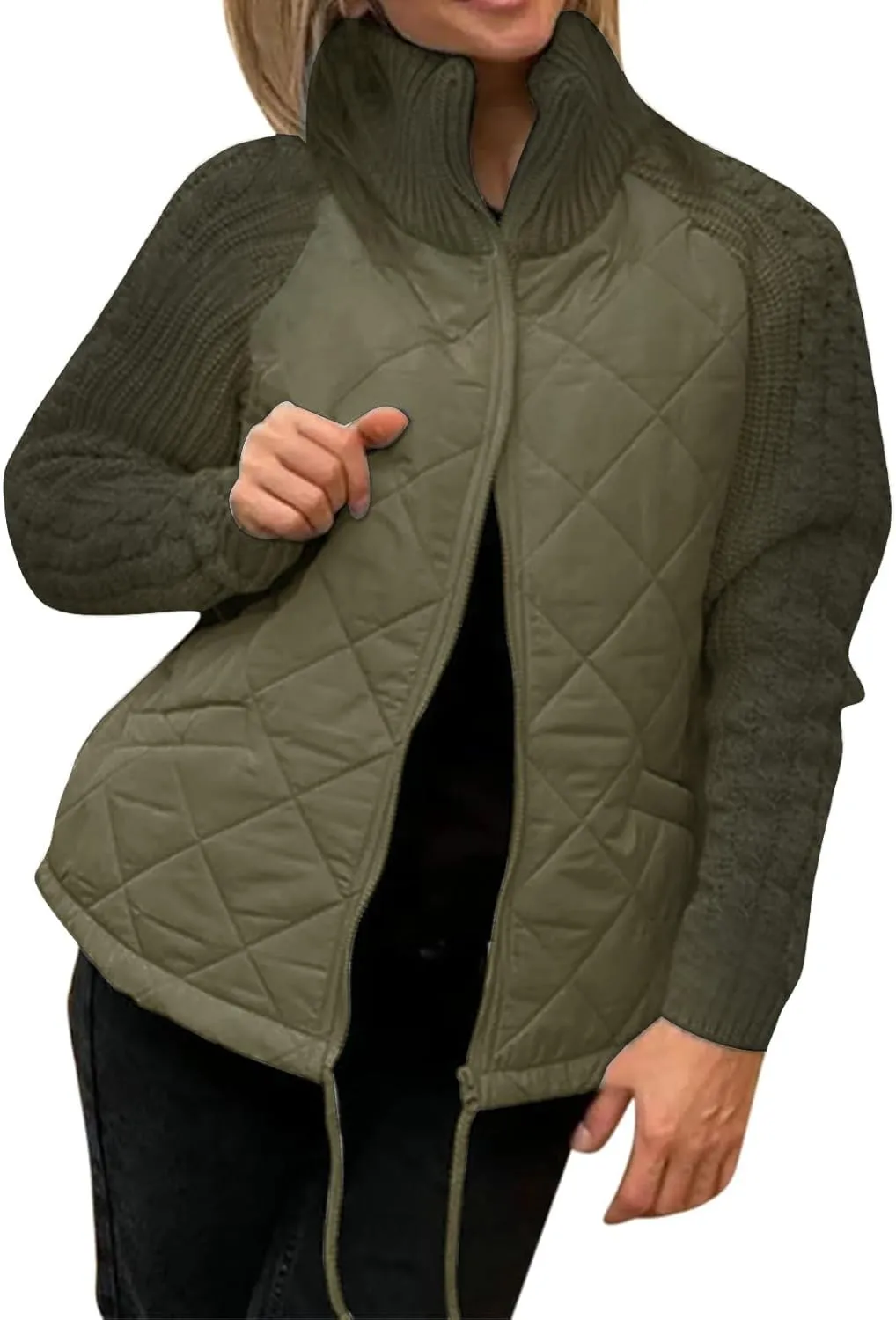 Quilted Jacket Women Zip Up Puffer Jacket Casual Long Sleeve Down Coat Stand Collar Winter Outwear with Pockets