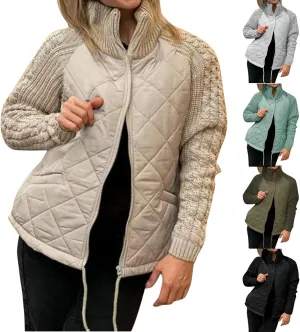 Quilted Jacket Women Zip Up Puffer Jacket Casual Long Sleeve Down Coat Stand Collar Winter Outwear with Pockets