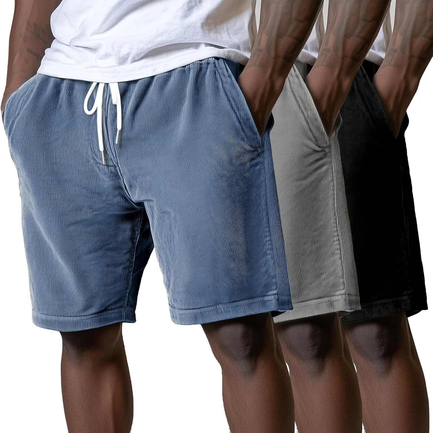 Riyiper 3 Pack Men's Corduroy Shorts L-5XL Big and Tall Drawstring Elastic Waist Pockets Loose Fit Casual 2025 Summer