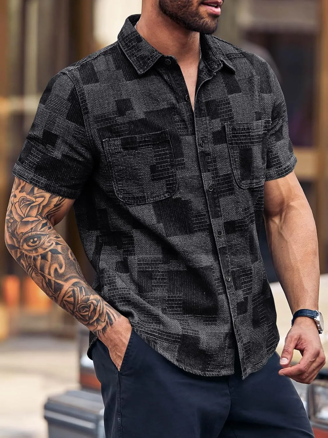 Runcati Mens Denim Shirts Short Sleeve Patchwork Button Down Casual Hippie Summer Jean Shirt