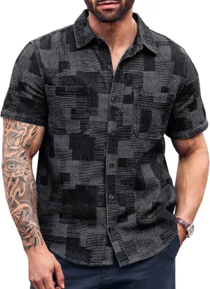 Runcati Mens Denim Shirts Short Sleeve Patchwork Button Down Casual Hippie Summer Jean Shirt