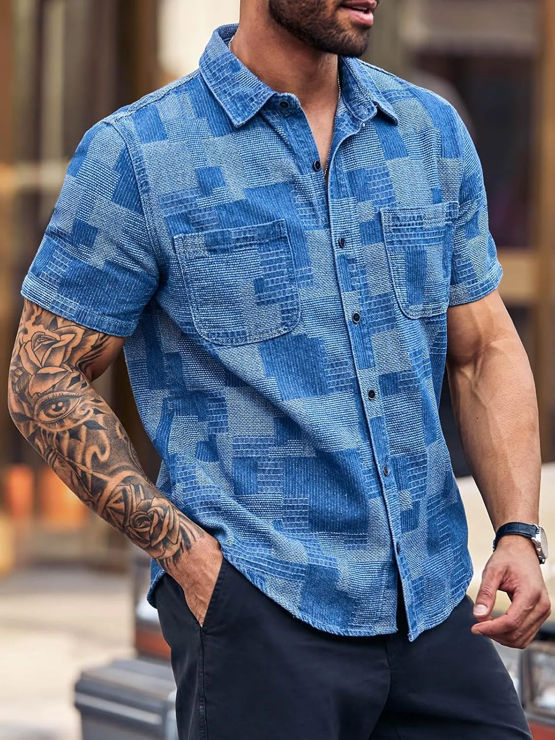 Runcati Mens Denim Shirts Short Sleeve Patchwork Button Down Casual Hippie Summer Jean Shirt