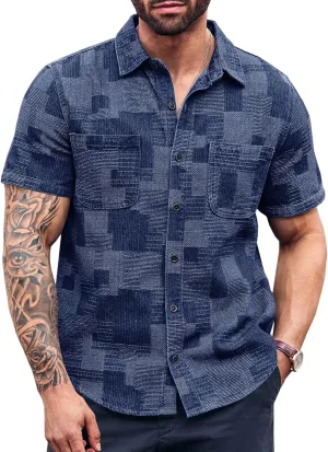 Runcati Mens Denim Shirts Short Sleeve Patchwork Button Down Casual Hippie Summer Jean Shirt
