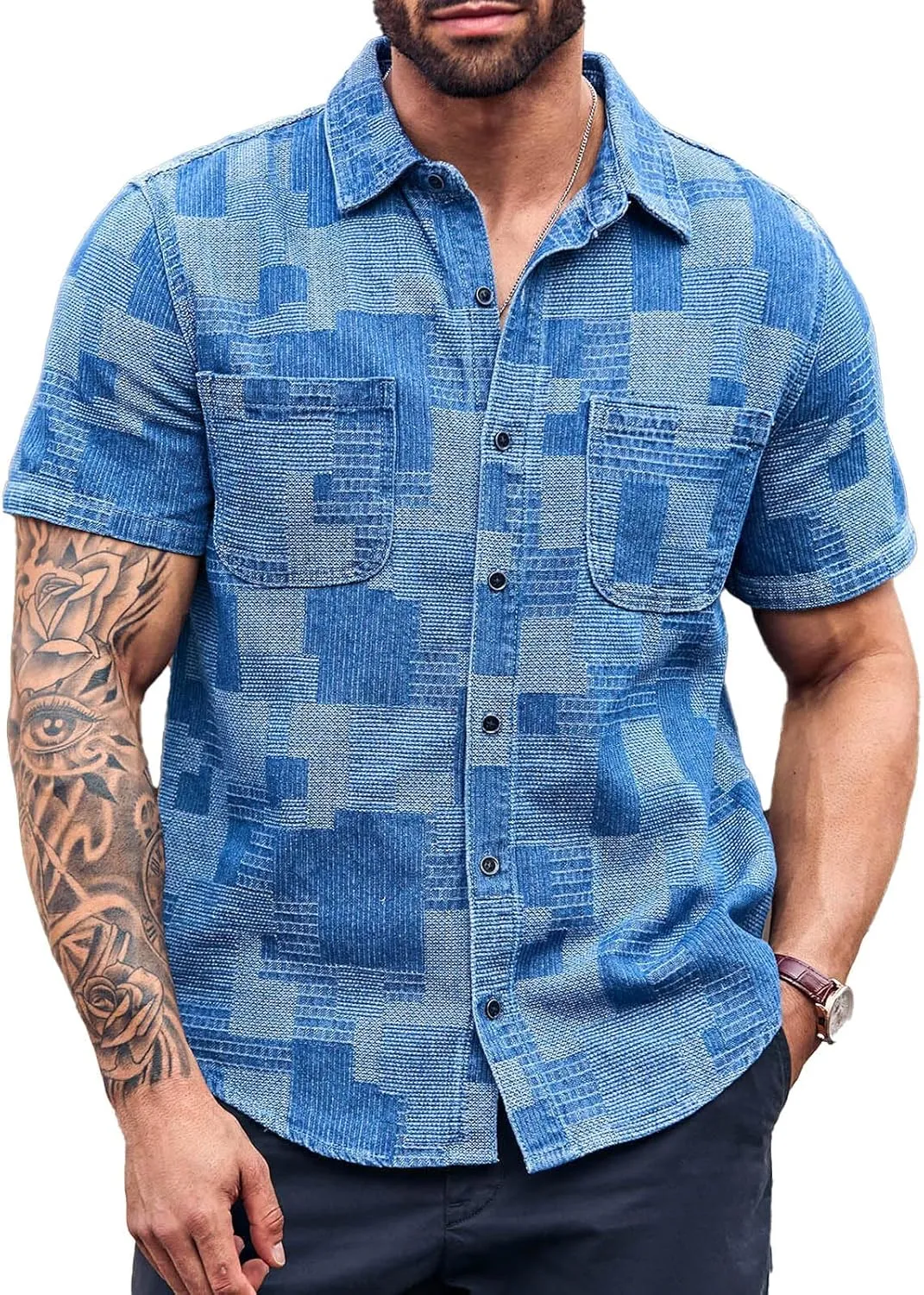 Runcati Mens Denim Shirts Short Sleeve Patchwork Button Down Casual Hippie Summer Jean Shirt